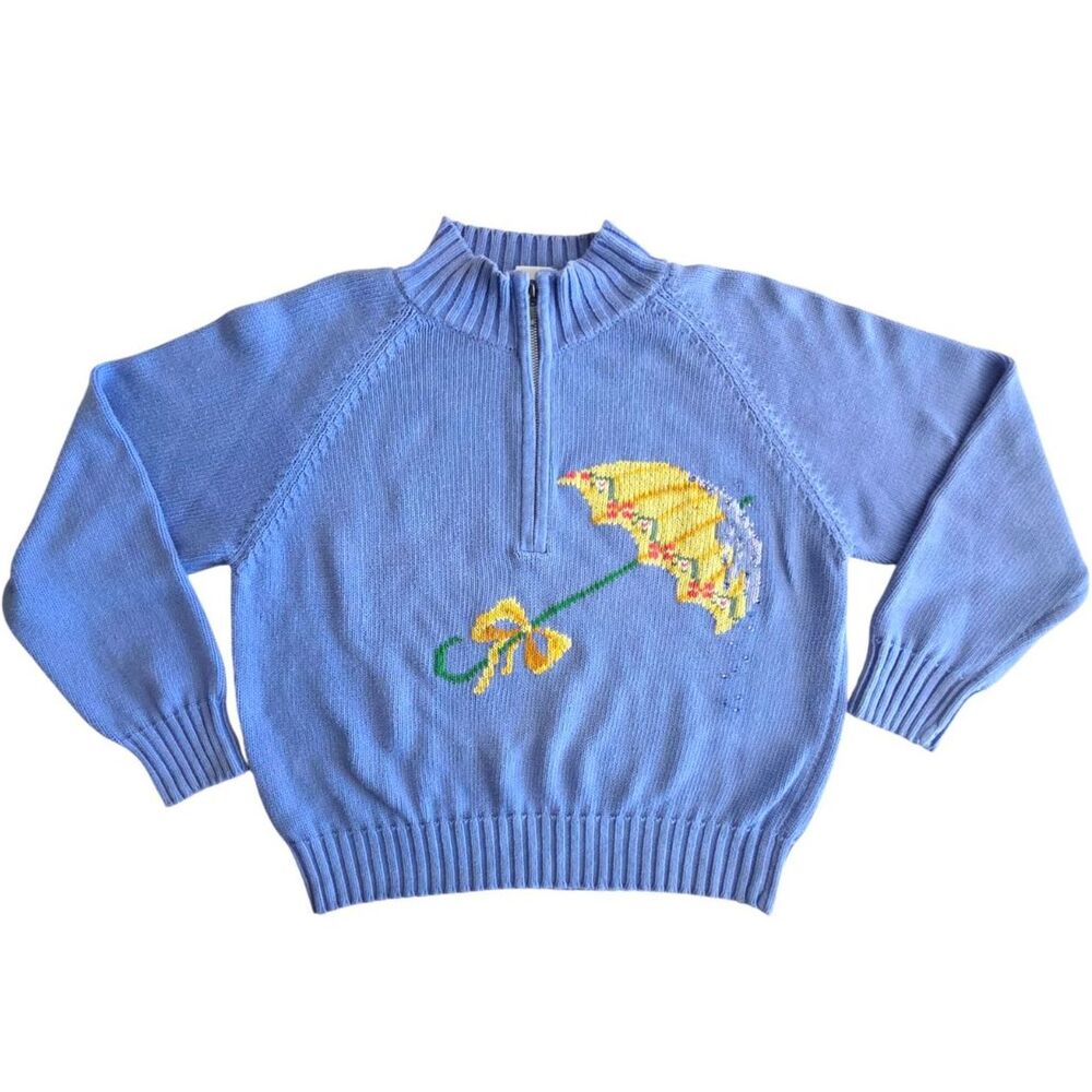 VNTG 90s Prep IZOD XL Cotton Sweater Embroidered Umbrella Blue Mock Neck 1/4 Zip